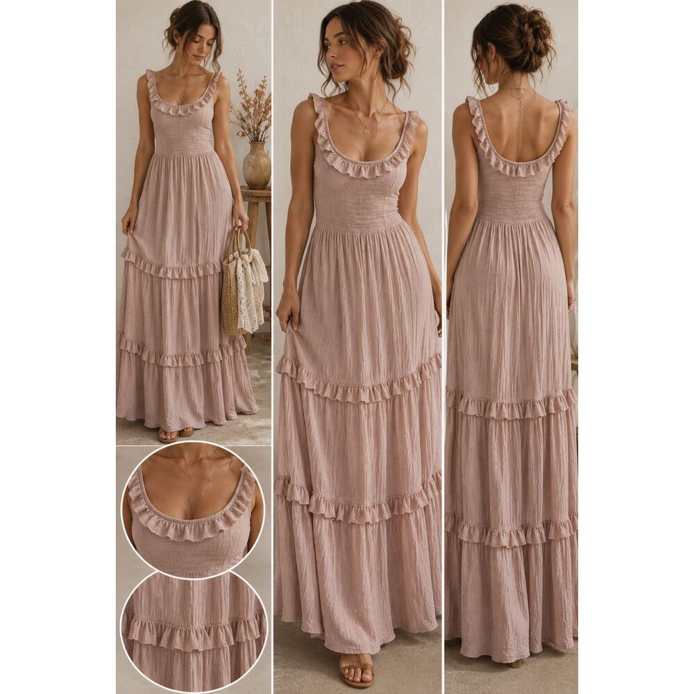 Blush Pink Smocked Tiered Ruffle Maxi Dress Boho Cottagecore Romantic Balletcore